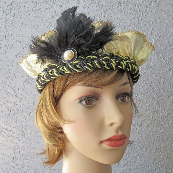 Flapper style softly ruffled gold lame fabric headband on black/gold braid band - Picture 15 of 15